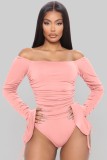 Pink Off Shoulder Flare Long Sleeve Ruched Slim Fit Bodysuit