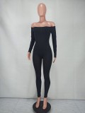 Casual Black Ribbed Off Shoulder Long Sleeve Bodycon Jumpsuit