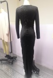 Black Sequins V-Neck Long Sleeve High Slit Maxi Dress