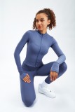 Blue Tight Long Sleeve Zipper Top and High Waist Pants Yoga 2PCS Set