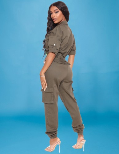 Green Zip Half Sleeve Draw Cord Cargo Jumpsuit with Pocket