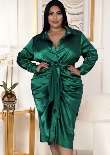 Plus Size Green Silk Ruched Tied Button Open Midi Blouse Dress