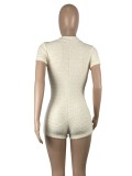 Beige Fleece V-Neck Short Sleeve Tight Jumpsuit