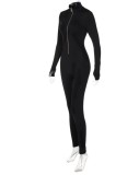Black Zipper Up Long Sleeve Tight Jumpsuit with Half Gloves