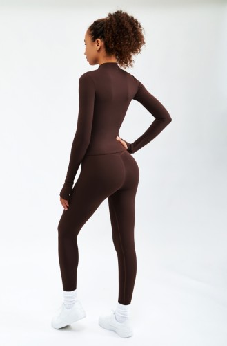 Brown Tight Long Sleeve Zipper Top and High Waist Pants Yoga 2PCS Set