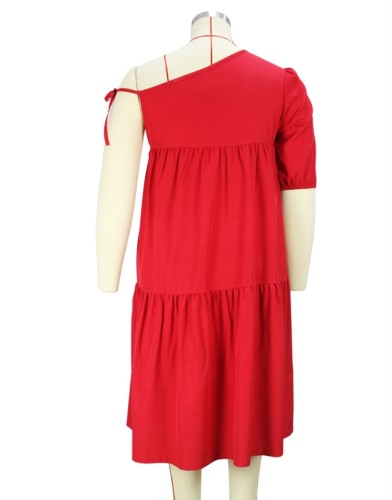 Plus Size Red Oblique Shoulder Short Sleeve Loose Midi Dress