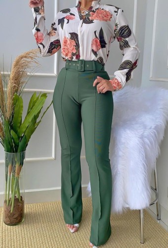 Print White Stand Collar Long Sleeve Blouse and Green Pants 2PCS Set