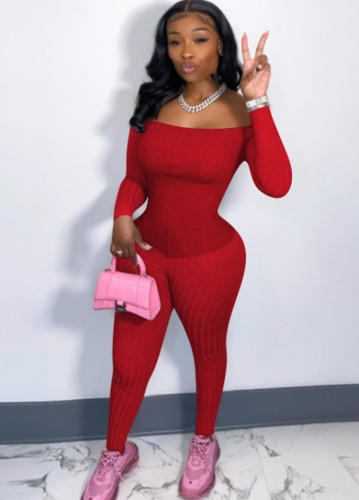 Casual Red Ribbed Off Shoulder Long Sleeve Bodycon Jumpsuit