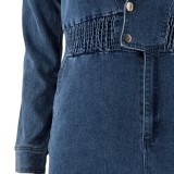 Plus Size Blue V-Neck Turndown Collar Long Sleeve Denim Jeans Jumpsuit