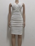White Velvet V-Neck Sleeveless Scrunch Midi Office Dress