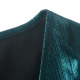 Shiny Green Metallic V-Neck Long Sleeve Ruched Strings Midi Dress