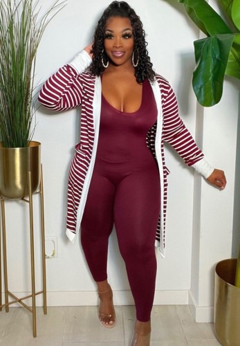 Wine Red Stripes Long Sleeve Long Cardigan with Pocket