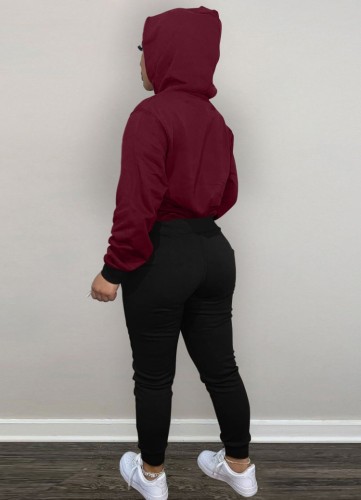 Plus Size Red Drawstring Hoody Top and Black Pants 2PCS Tracksuit