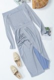 Shiny Gray Off Shoulder Long Sleeve Slit Irregular Midi Dress