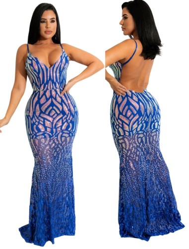 Blue Sequins Backless Cami Bodycon Maxi Dress