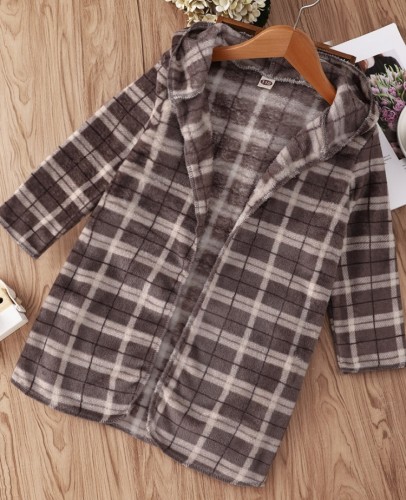 Brown Plaid Long Sleeve Hoody Cover-Up For Boy Kids