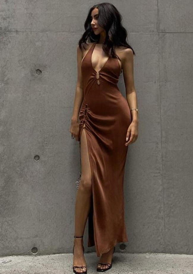Brown Halter Deep-V Sleeveless Tight Split Maxi Dress