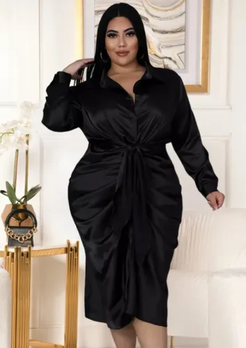 Plus Size Black Silk Ruched Tied Button Open Midi Blouse Dress
