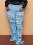 Plus Size Lt-Blue Ripped Hole High Waist Jeans with Pocket