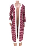 Wine Red Stripes Long Sleeve Long Cardigan with Pocket