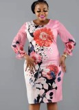 Plus Size Floral Print Silk O-Neck Chiffon Long Sleeve Midi Dress