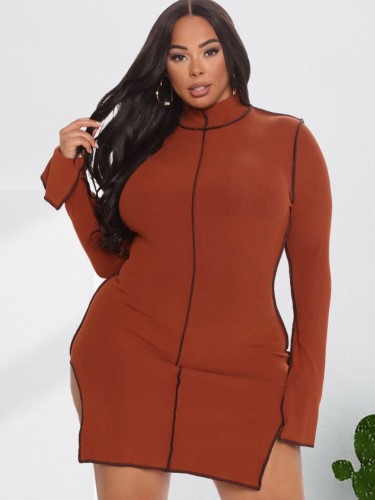 Plus Size Orange High Neck Flare Sleeve Slinky Mini Dress