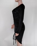 Black Velvet Long Sleeves V-Neck Draw Cord Mini Dress