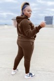 Plus Size Brown Print Long Sleeves Drawstring Hoody Top and Pants 2PCS Set