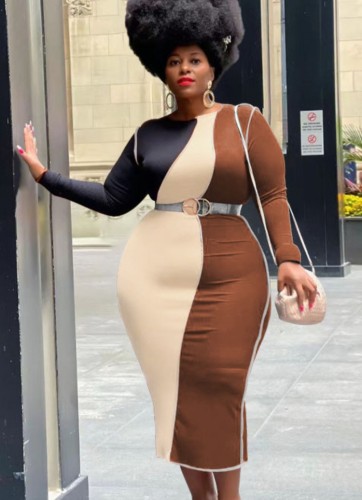 Plus Size Contrast Color O-Neck Long Sleeves Long Slinky Dress