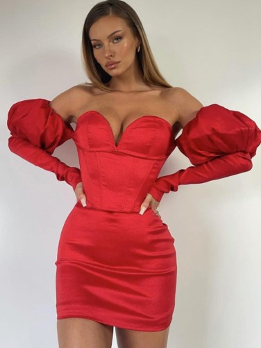 Red Silk Sweetheart Bubble Long Sleeve Slinky Mini Bustier Dress