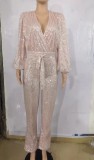 Pink Sequins V-Neck Puff Long Sleeve Club Jumpsuit with Belt