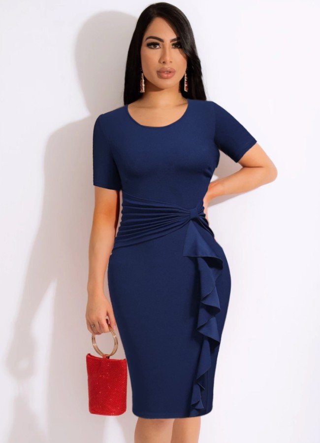 Blue O-Neck Short Sleeve Scrunch Ruffled Slinky Midi Dress