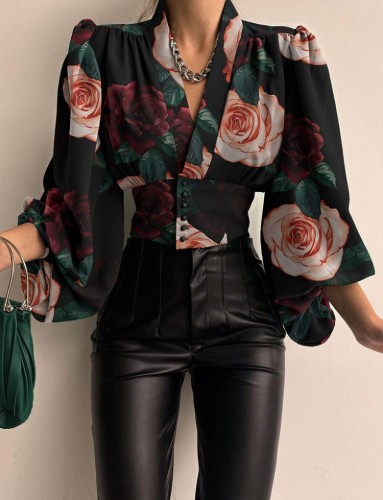 Print V-Neck Puffed Long Sleeve Button Up Tight Waist Shirt