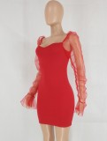 Red Sweetheart Collar Ruched Mesh Flare Long Sleeve Fitted Mini Dress