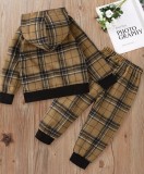 Khaki Plaid Long Sleeve Hoody Pullover and Pants 2PCS Set For Boy Kids