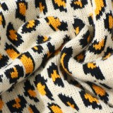 Leopard Print Turndown Collar Side Split Irregular Long Sweater Top