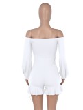 White Off Shoulder Lace Up Long Sleeve Frill Hem Rompers