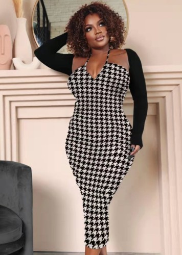 Houndstooth Cami Halter Tight Midi Dress and Black Long Sleeve Cape Top 2PCS Sets