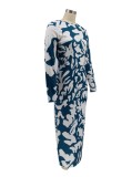 Blue and White Print O-Neck Backless Tight Long Dress
