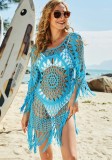 Blue Knitted Fishnet O-Neck Tassel Beach Dress