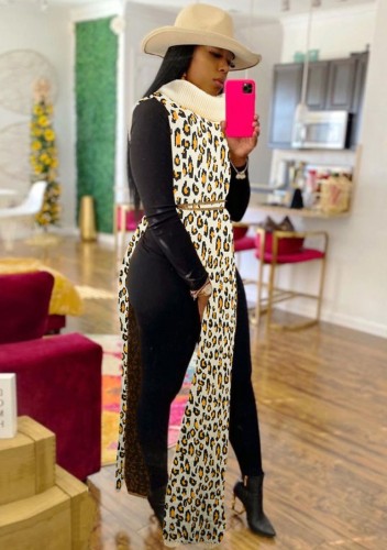 Leopard Print Turndown Collar Side Split Irregular Long Sweater Top