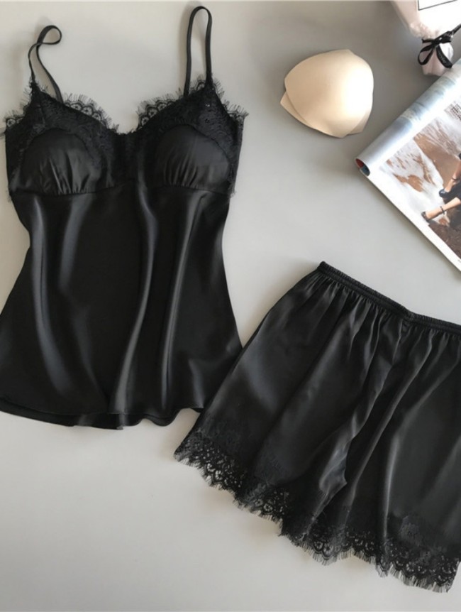 Black Lace Patch Silk Cami Split-piece Pajamas