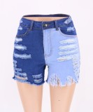 Dk-Blue and Lt-Blue Contrast Ripped Jeans Shorts