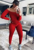 Casual Red Ribbed Off Shoulder Long Sleeve Bodycon Jumpsuit