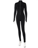 Black Zipper Up Long Sleeve Tight Jumpsuit with Half Gloves