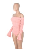Pink Off Shoulder Flare Long Sleeve Ruched Slim Fit Bodysuit