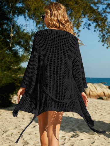 Black Knitted Fishnet Long Sleeves Beach Cover-Up with Belt