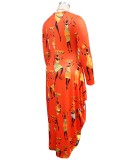 Plus Size Print Orange Long Sleeves O-Neck Loose Maxi Dress