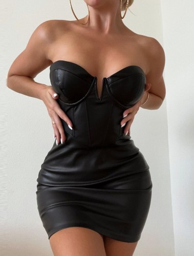 Black Leather Sweetheart Collar Sleeveless Cami Mini Dress