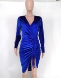 Blue Velvet Long Sleeves V-Neck Draw Cord Mini Dress